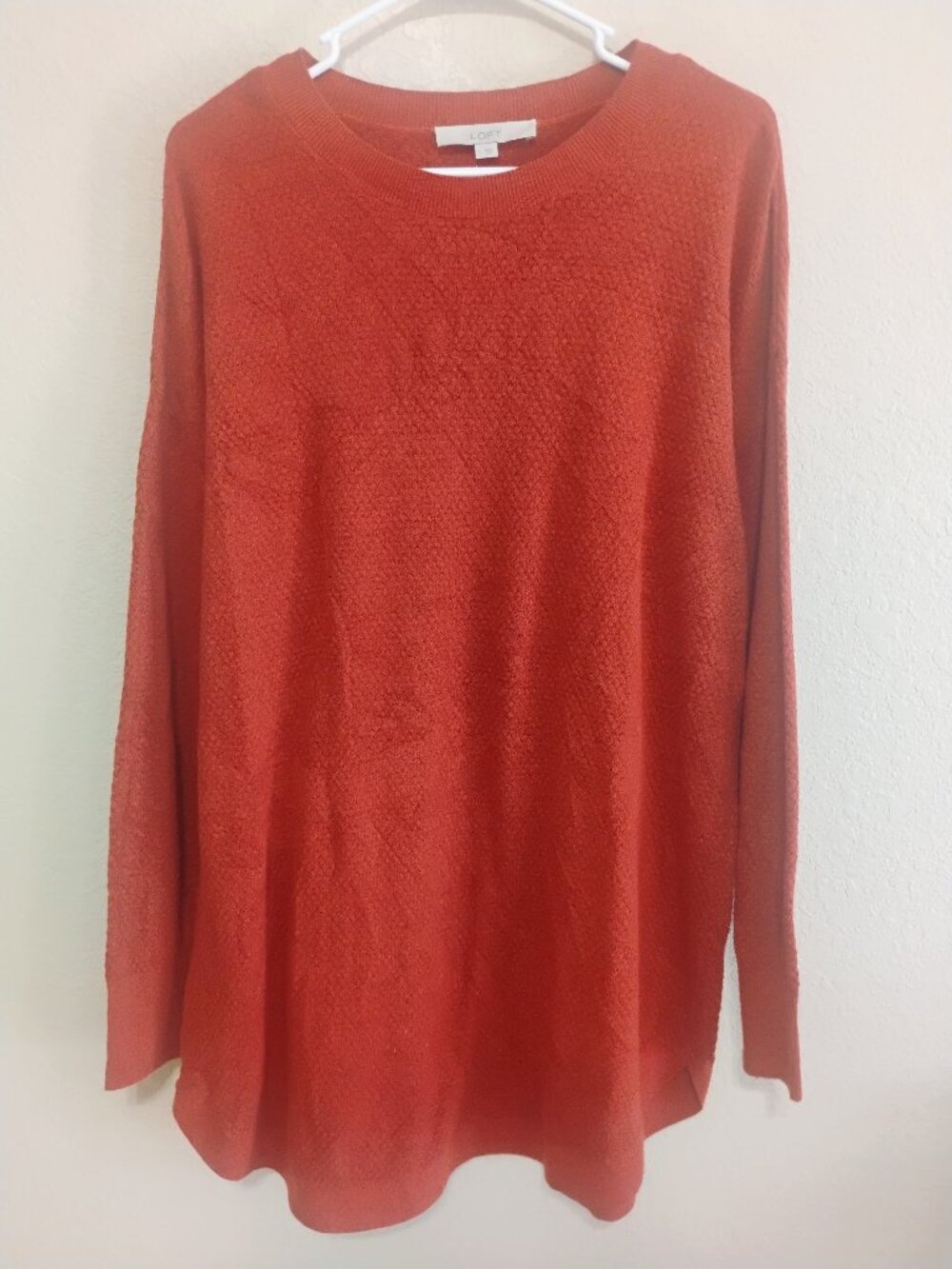 LOFT L Rust Orange Textured Knit Tunic Sweater Crewneck Side Slit